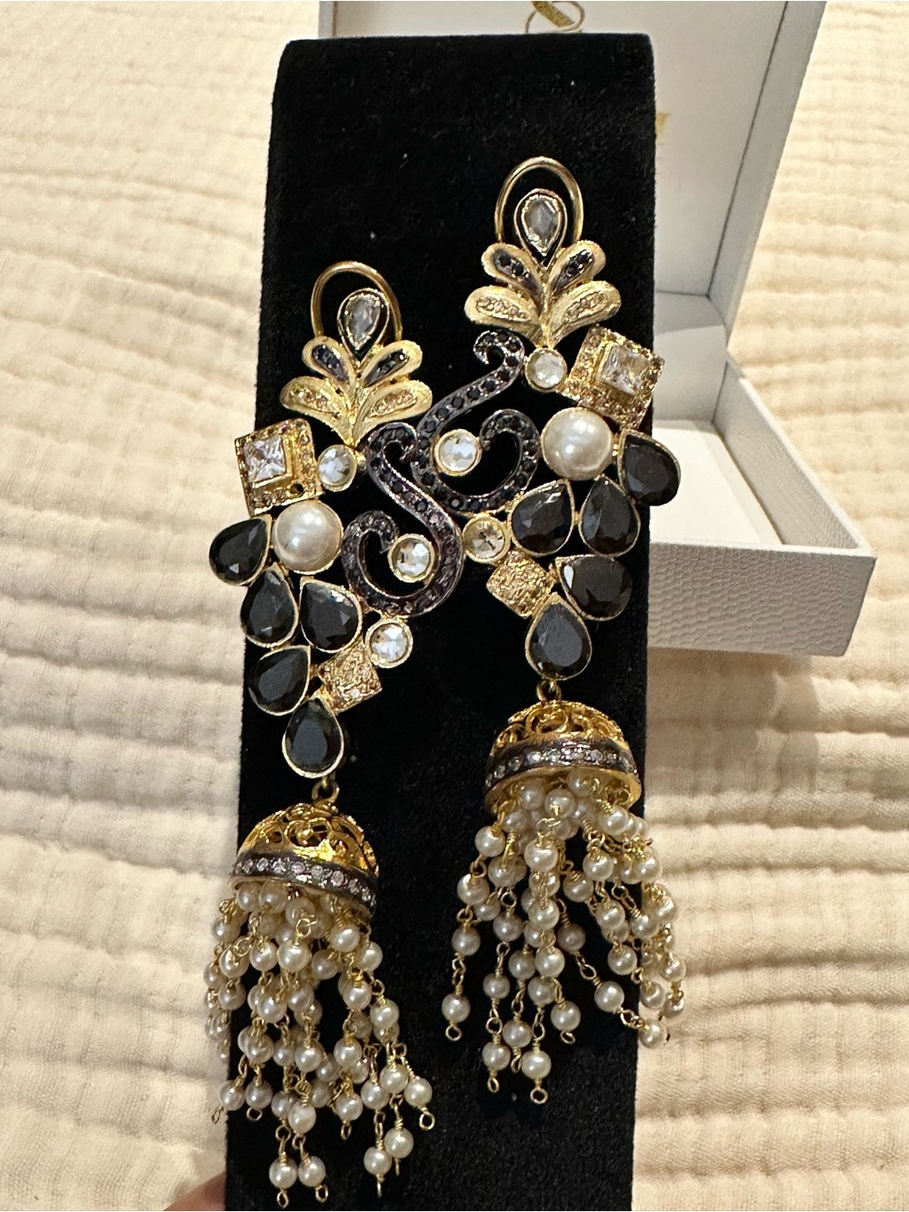 Gold-Tone Black & Pearl Jhumka Earrings - Elegant Statement Earrings